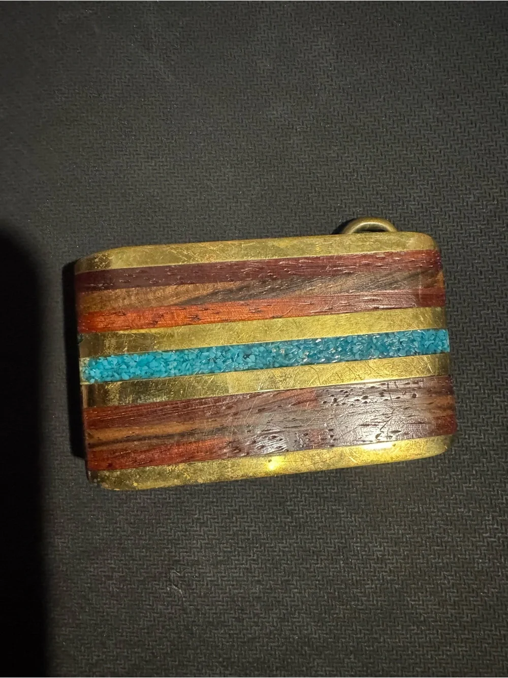 Vintage ABSTRACT EXOTIC WOOD TURQUOISE BRASS HIPPIE BELT BUCKLE!